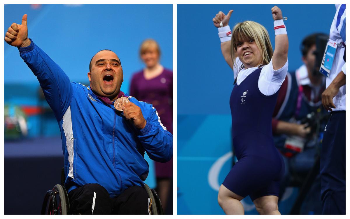 a male and a female powerlifter celebrate winning medals