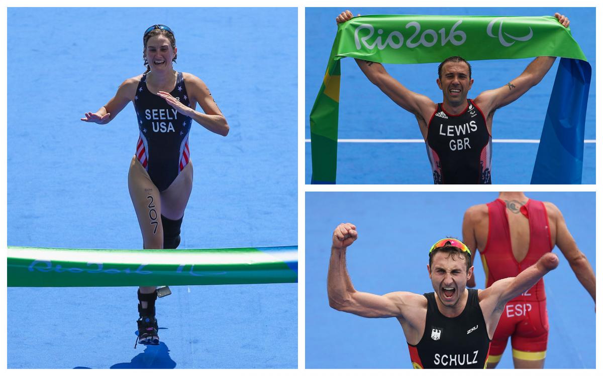 three Para triathletes celebrate crossing the finish line