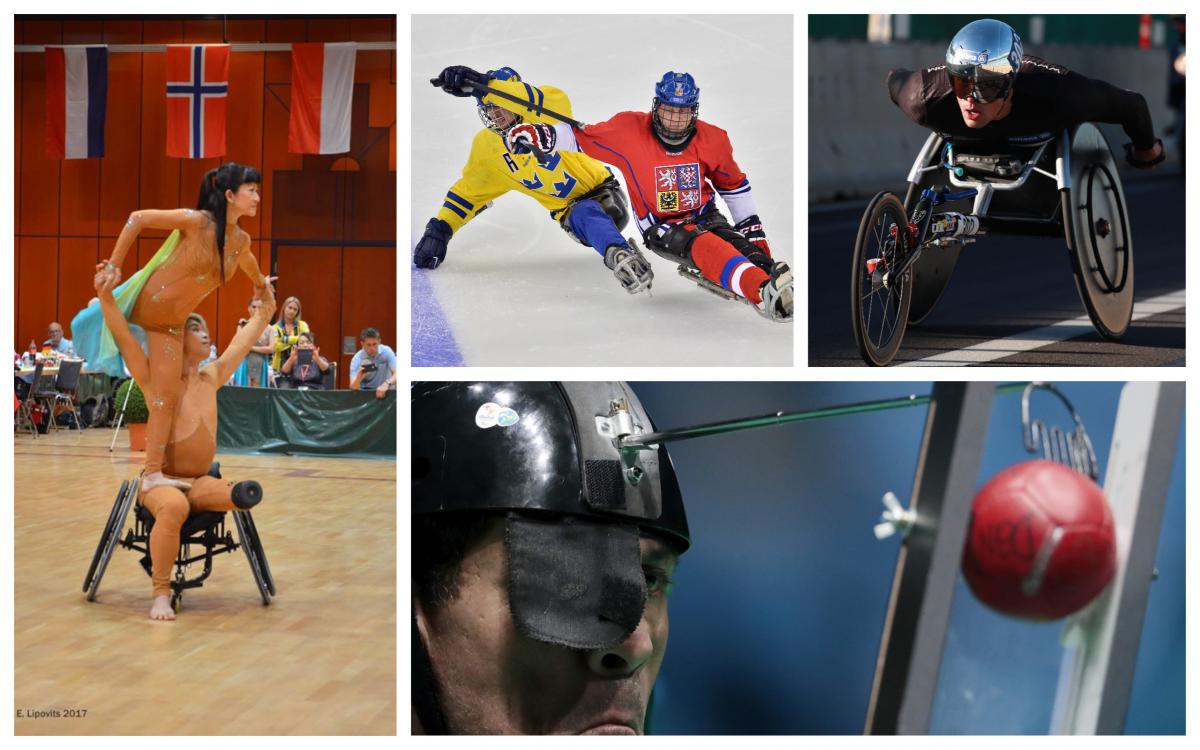 Para dance sport couple, wheelchair athlete, boccia player and Para ice hockey players compete at their sport