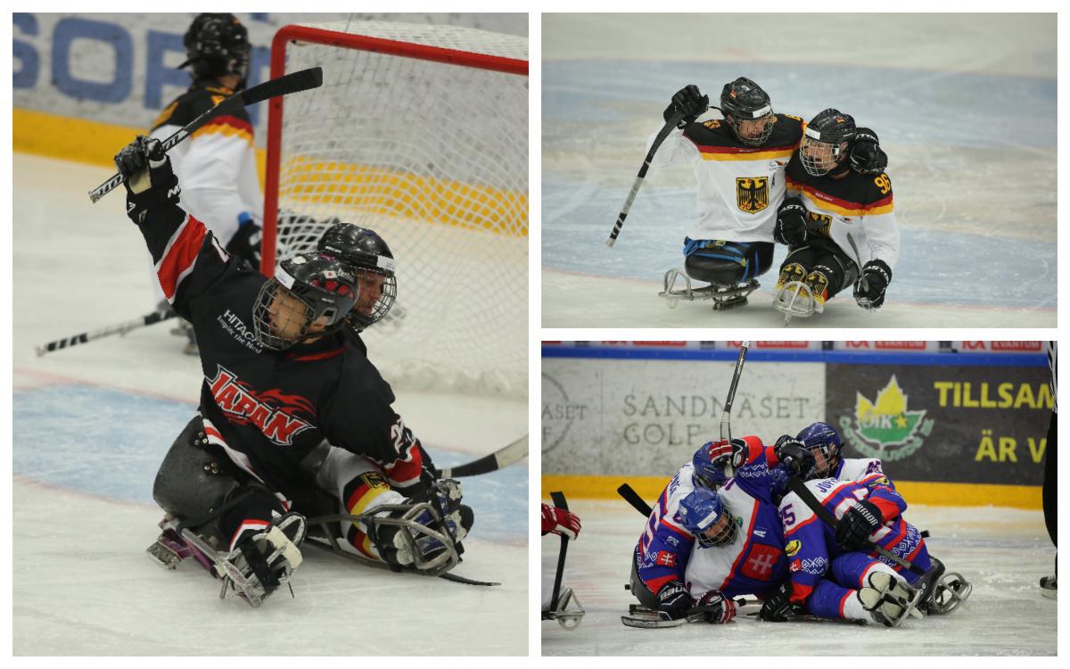 Para ice hockey players celebrate on the ice