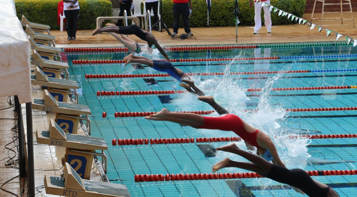 a group of Para swimmers dive into a pool