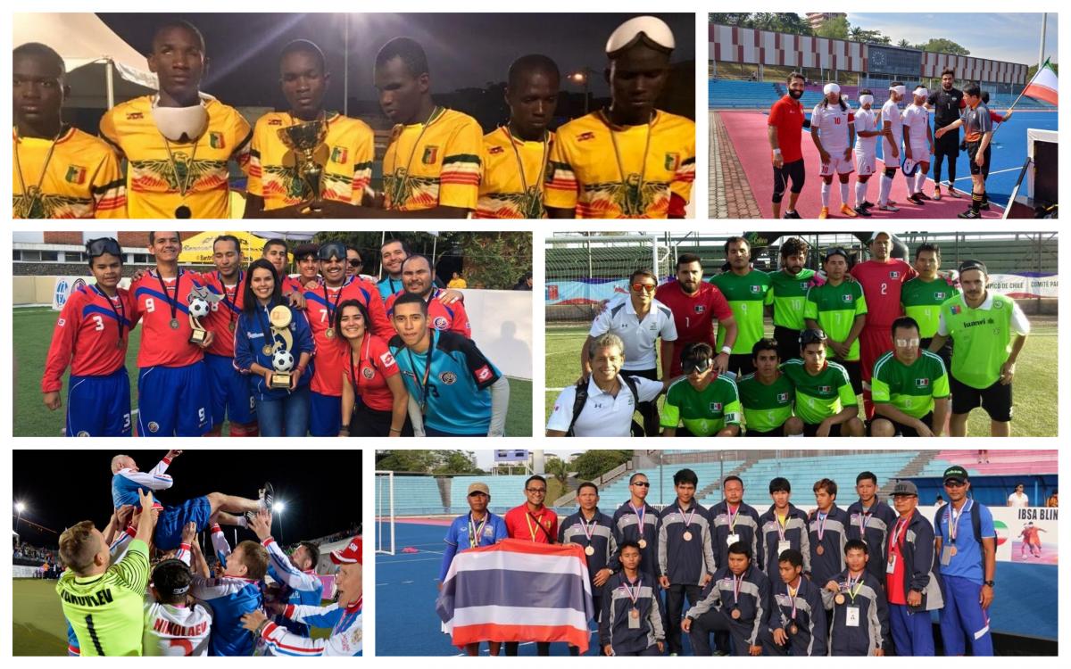 blind footballer players celebrating with a trophy