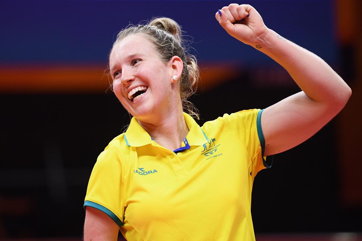 Melissa Tapper celebrates winning table tennis gold at Gold Coast 2018.