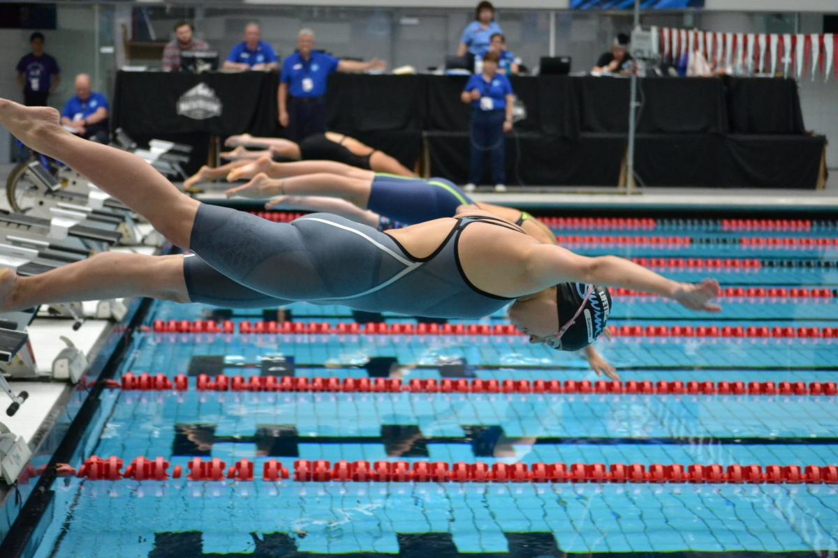 Women swimmers on the starting blocks