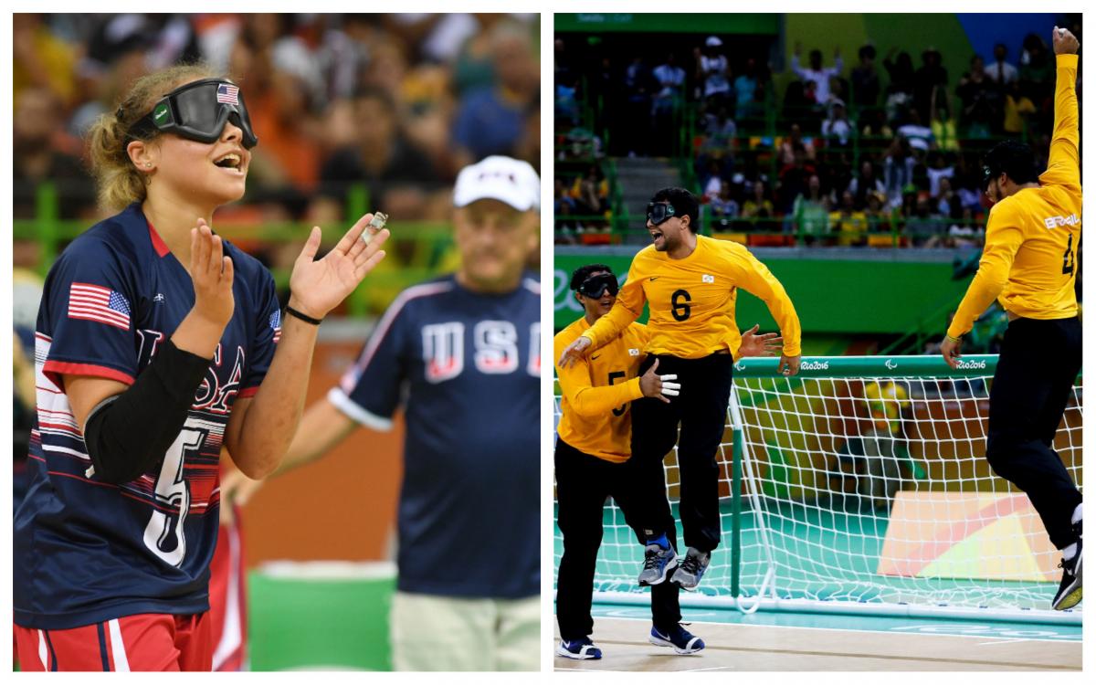 a male and female goalball team celebrate