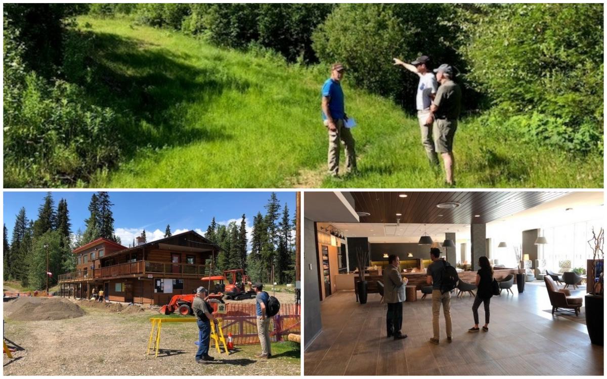 a group of people being shown round a chalet and a wood