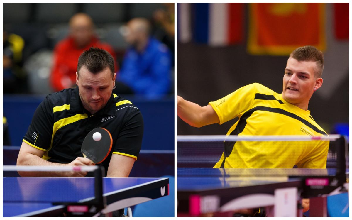 male Para table tennis players Thomas Bruechle and Thomas Schmidberger in action