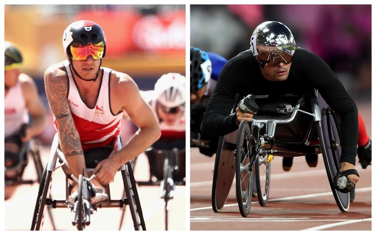 male wheelchair racers Richard Chiassaro and Marcel Hug on the track