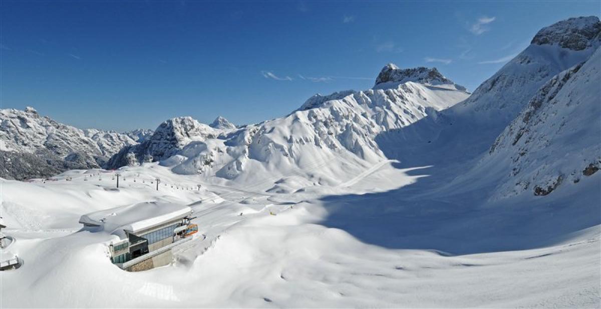 a wide shot of snowy mountains and a chairlift in Sella Nevea