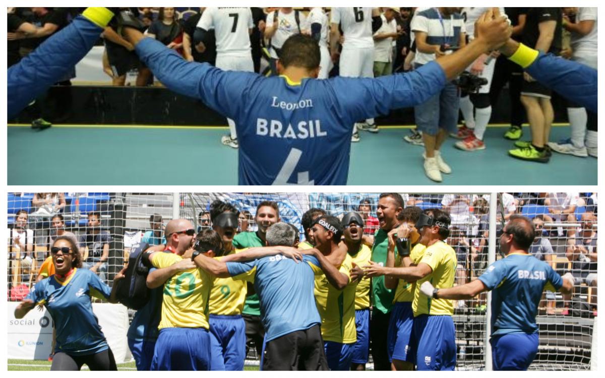 a group of male Brazilian blind footballers and goalball players celebrating wins