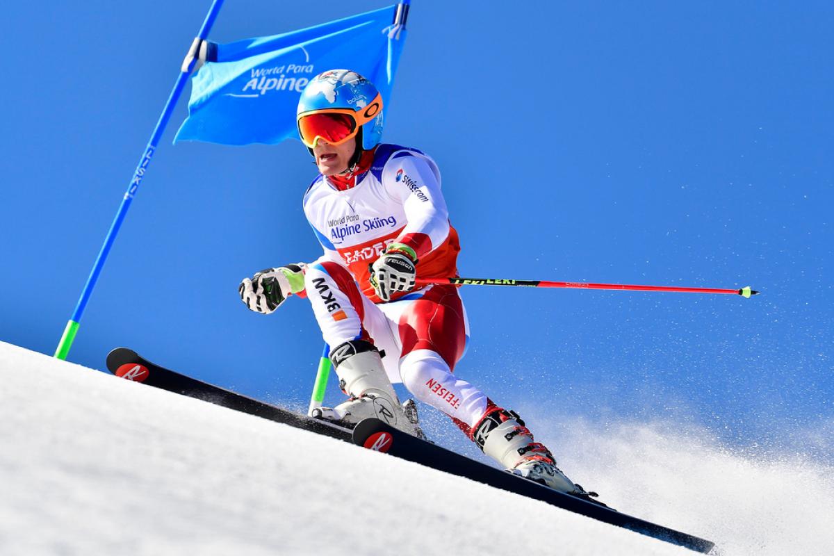 male Para alpine standing skier Theo Gmur skies through a gate