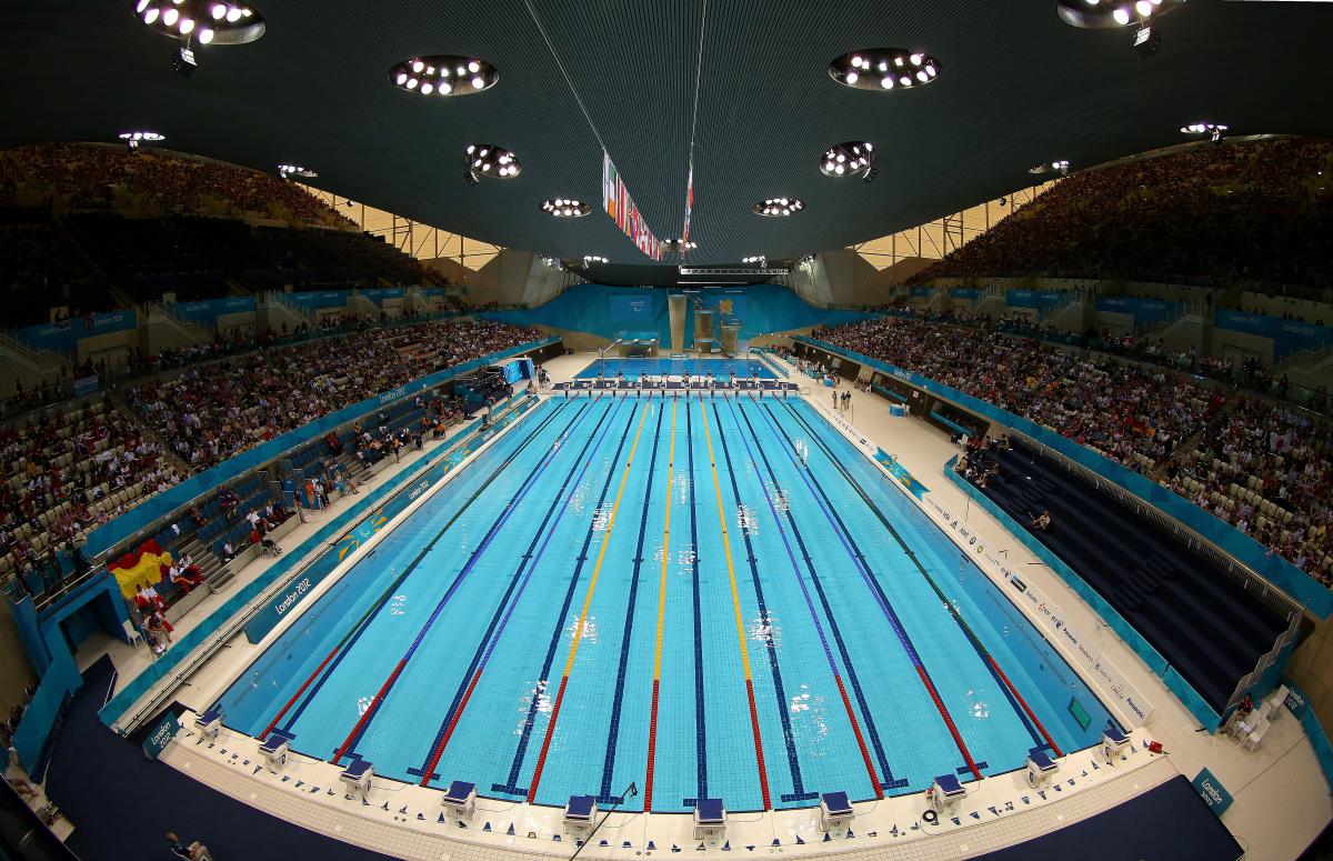 a high wide shot of the swimming pool at the London 2012 Aquatic Centre