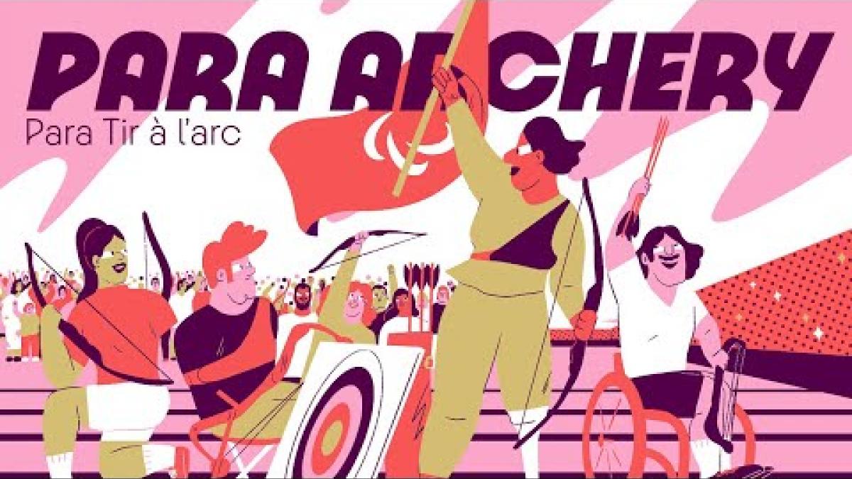 The thumbnail of a video introducing Para archery. It features a graphic with five Para archery athletes. One of them looks back to the crowd of spectators.