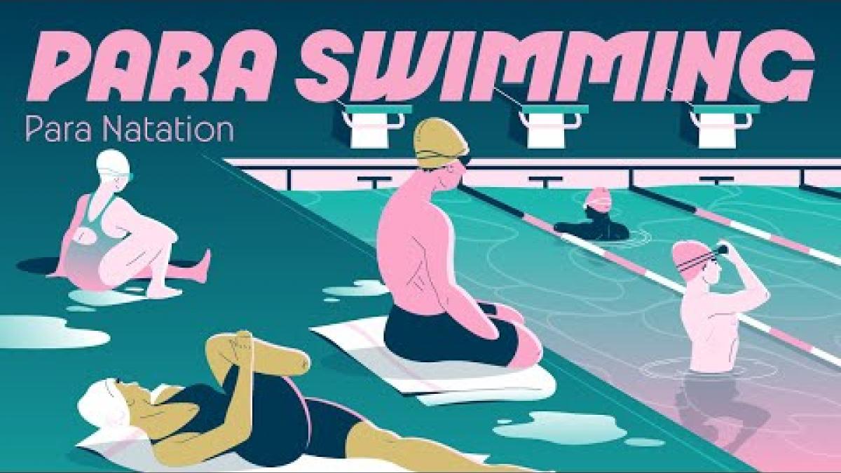 The thumbnail of a video introducing Para swimming. A graphic of five Para swimming athletes with two of them in the water and the other three sitting down.