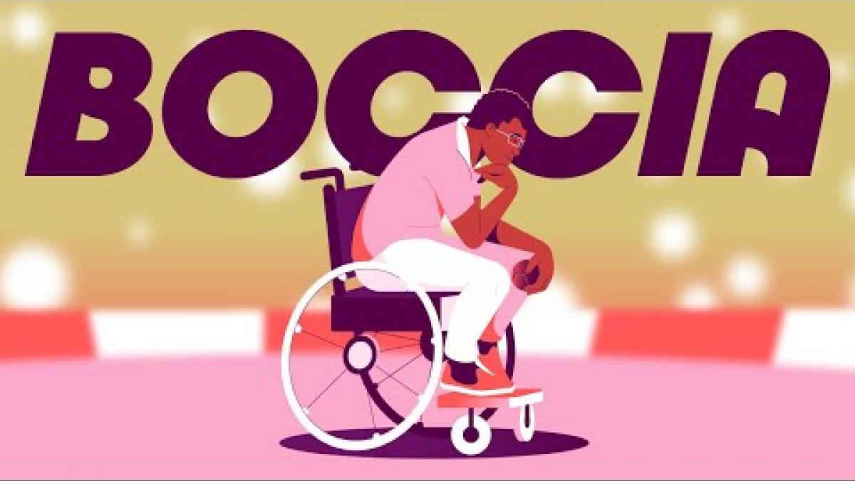 The thumbnail of a video introducing boccia. The image features a graphic of a boccia athlete in a wheelchair with a ball in his hand.